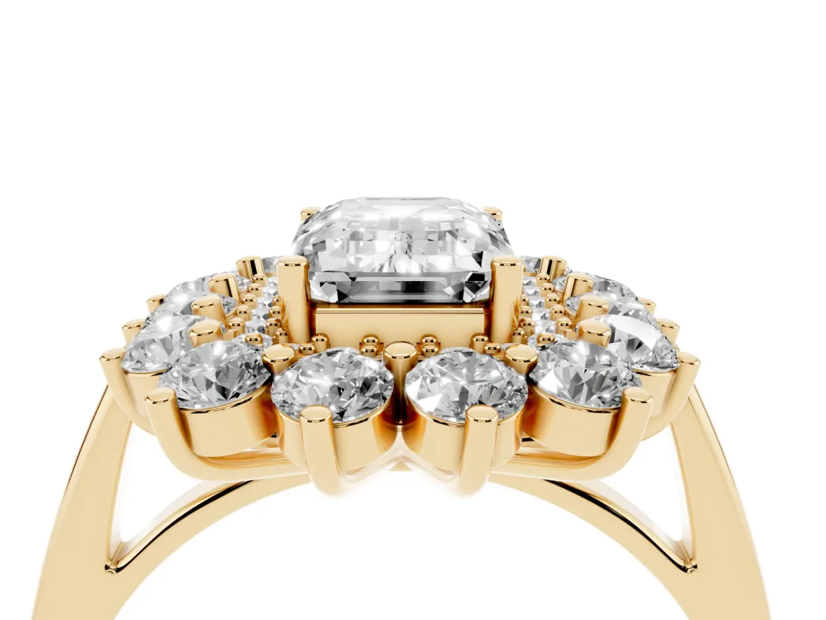 Emerald Cut Diamond Floral Double Halo Engagement Ring with Prong Setting Yellow gold
