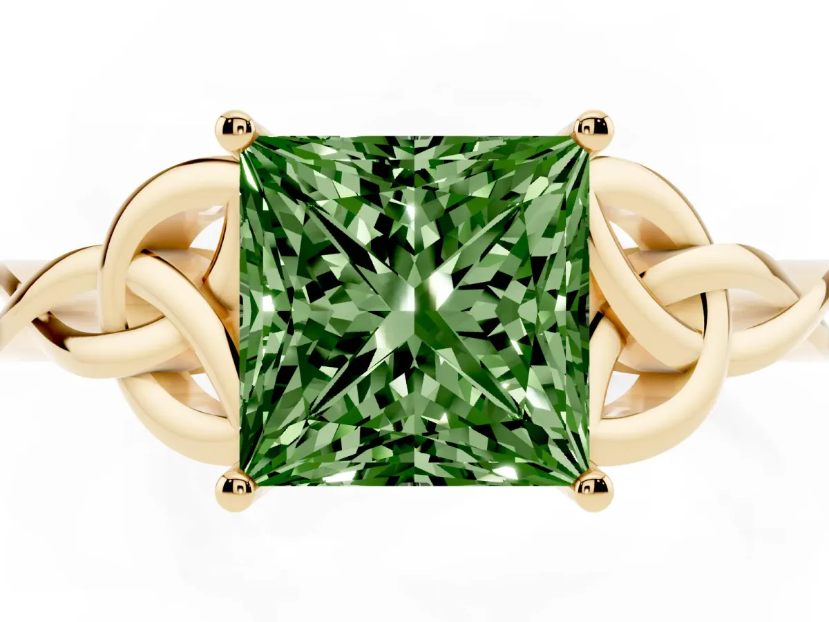 Fancy Green Princess Cut Diamond Solitaire Engagement Ring with Celtic Knot Band and Four-Prong Setting Yellow gold