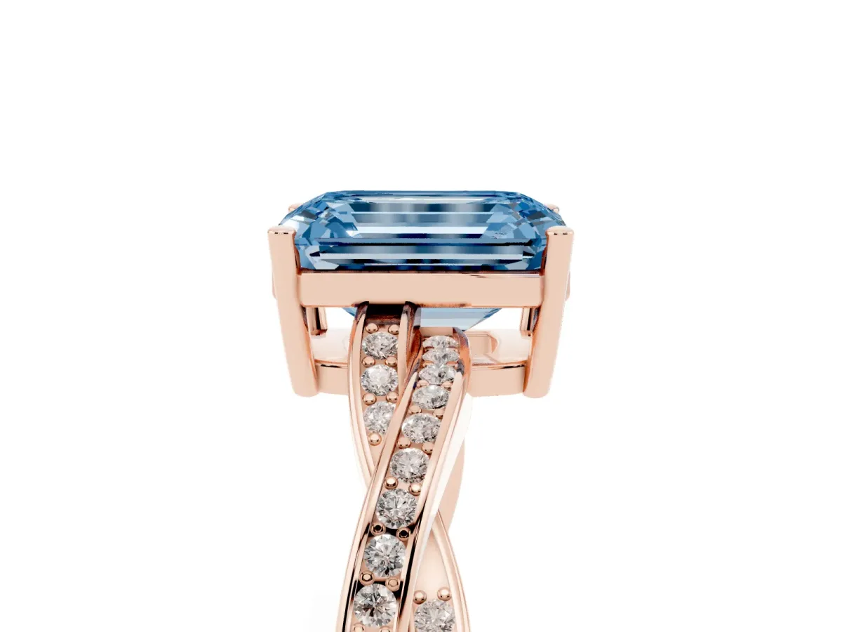 Fancy Blue Emerald Cut Solitaire Twisted Pave Diamond Ring with Four-Prong Setting Rose gold