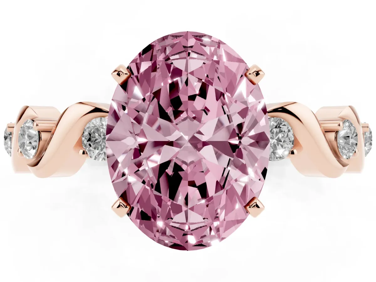 Fancy Pink Oval Cut Diamond Solitaire Twisted Band with Round Accents and Prong Setting Rose gold