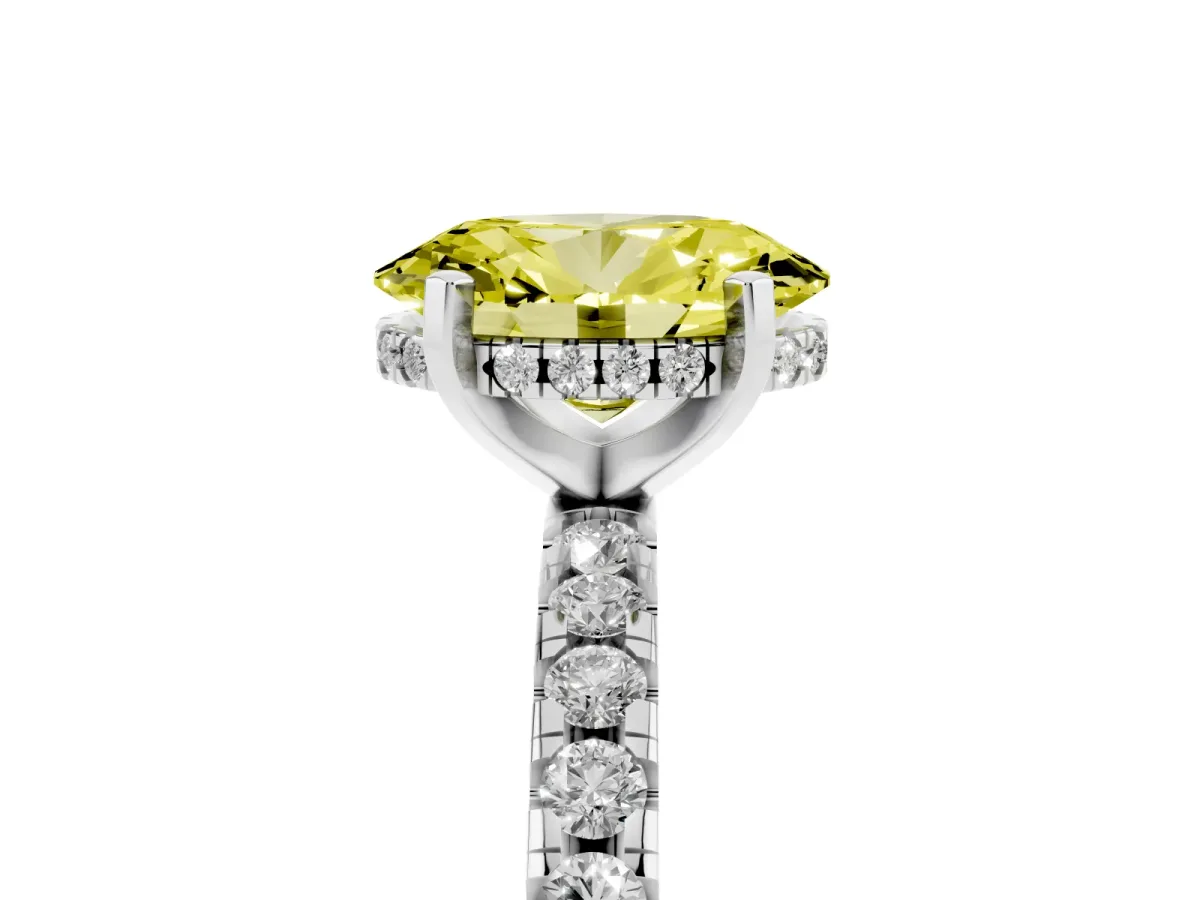Fancy Yellow Oval Cut Diamond Solitaire Ring with Round Pavé Band and Four-Prong Setting Silver