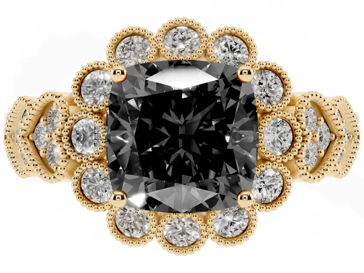 Fancy Black Cushion Cut Brilliant Milgrain Pave Heart Band Solitaire Ring Yellow gold