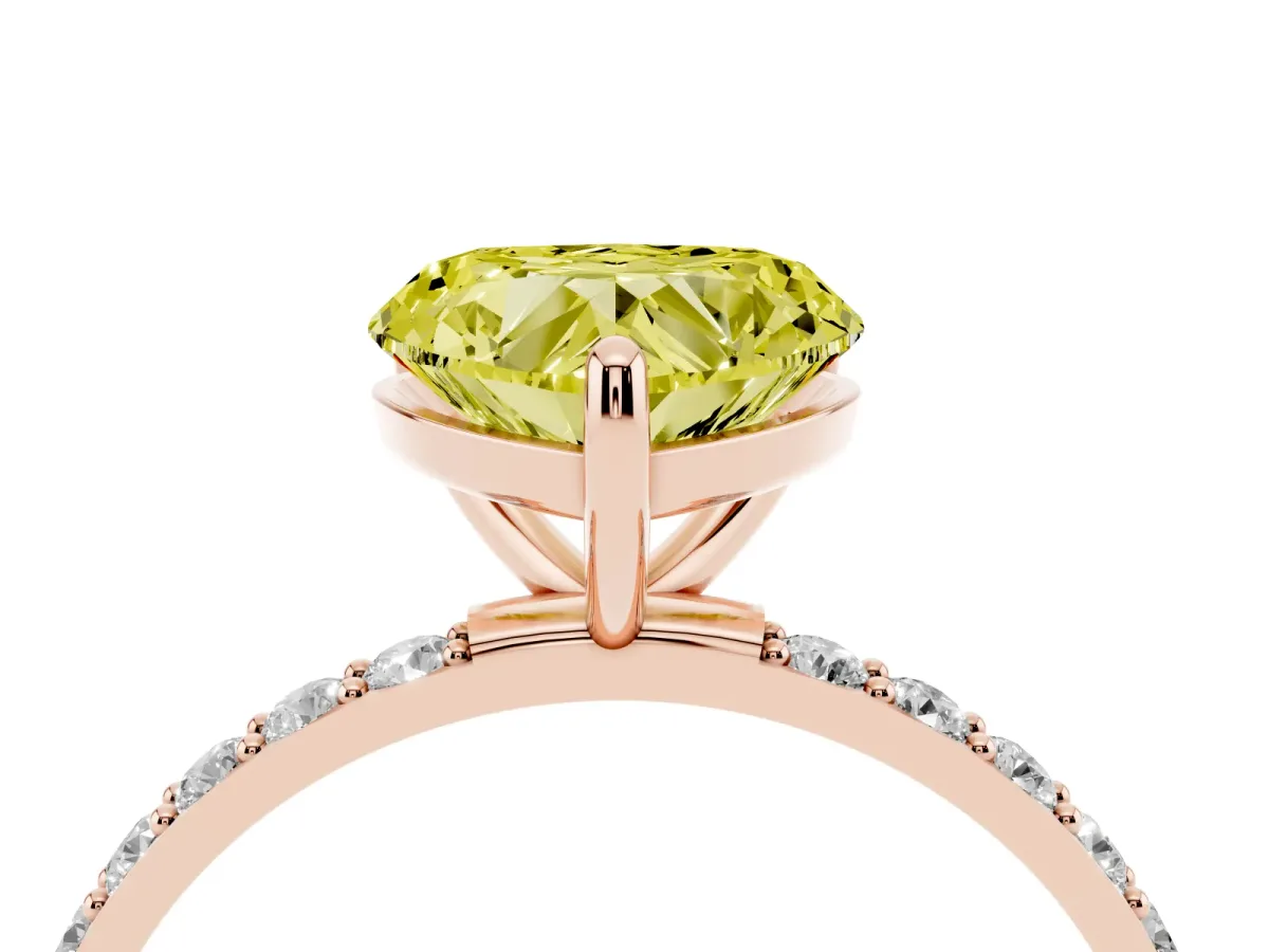 Fancy Yellow Heart Cut Diamond Solitaire Ring with Round Pavé Band and Prong Setting Rose gold