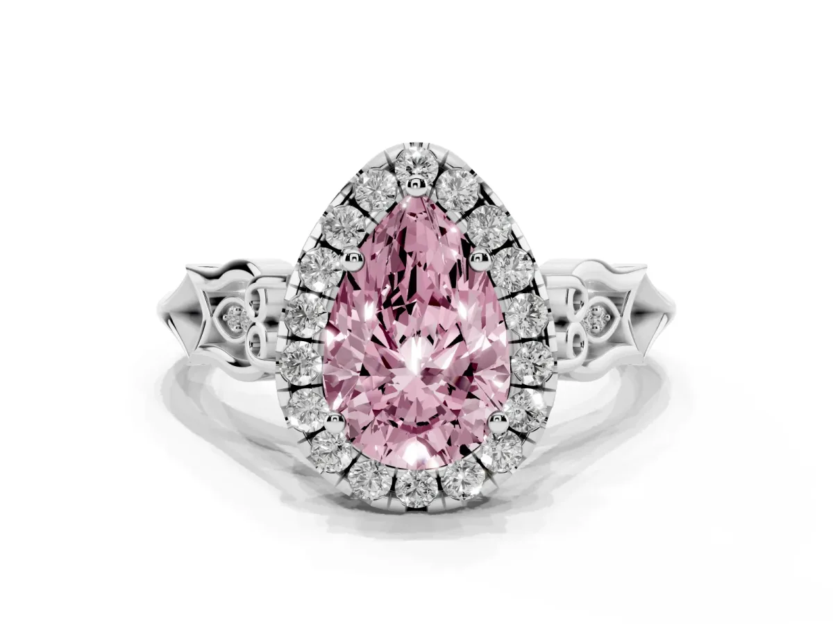 Fancy Pink Pear Cut Halo Diamond Engagement Ring with Filigree Band and Four-Prong Setting Platinum