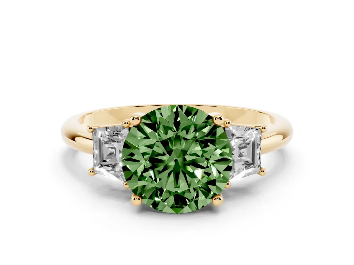 Fancy Green Round Cut Diamond Three-Stone Ring with Trapezoid Side Stones and Prong Setting Yellow gold