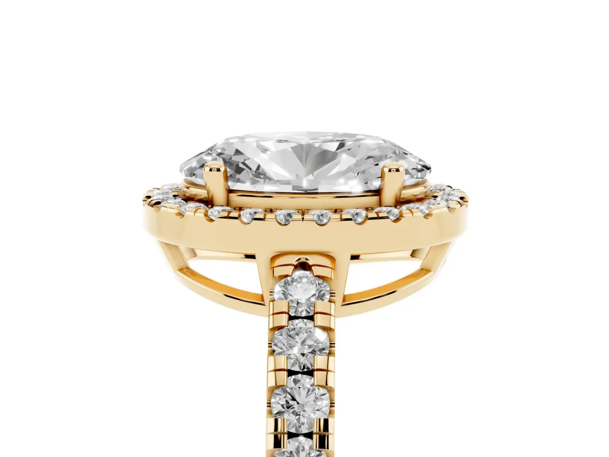 Oval Cut Diamond Halo Ring with Pavé Band and Four-Prong Setting Yellow gold