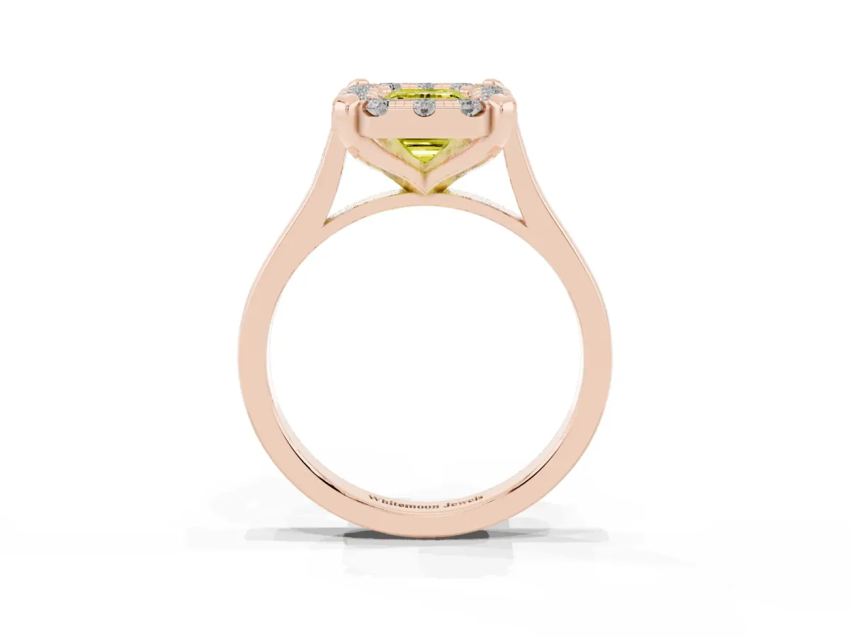 Fancy Yellow Emerald Cut Diamond Cluster Halo Solitaire with Four-Prong Setting Rose gold