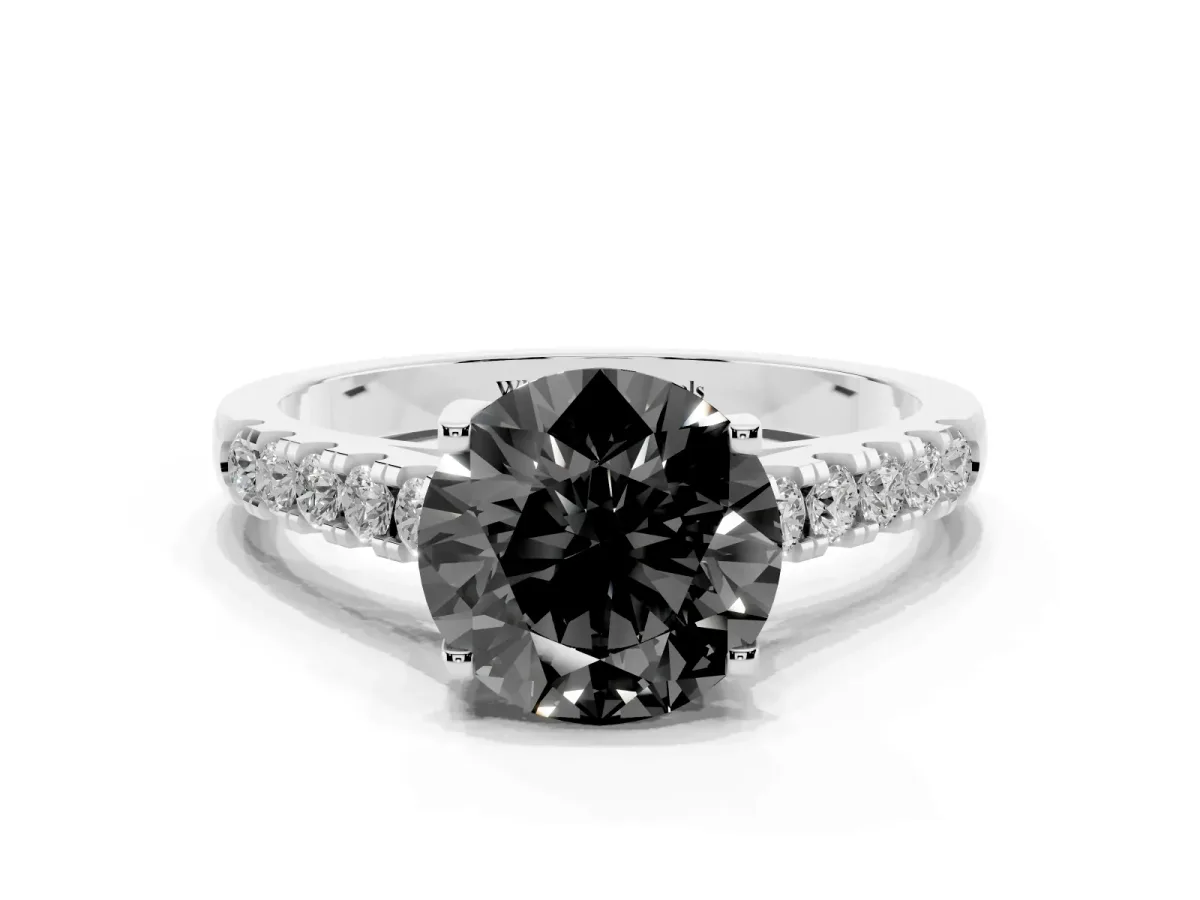 Fancy Black Round Cut Diamond Pavé Band Solitaire Ring with Prong Setting Silver