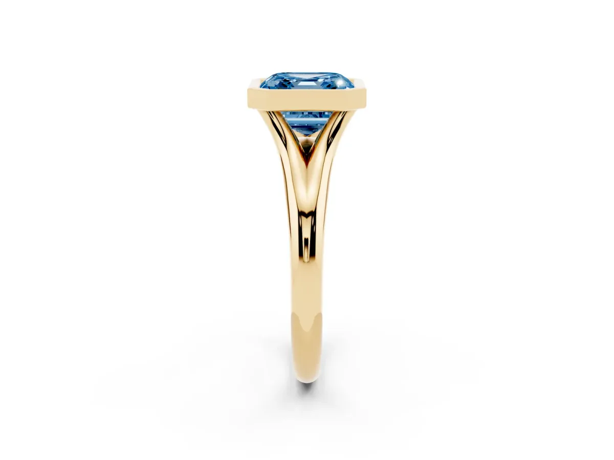Fancy Blue Bezel Set Asscher Cut Solitaire Diamond Ring with Smooth Band Yellow gold