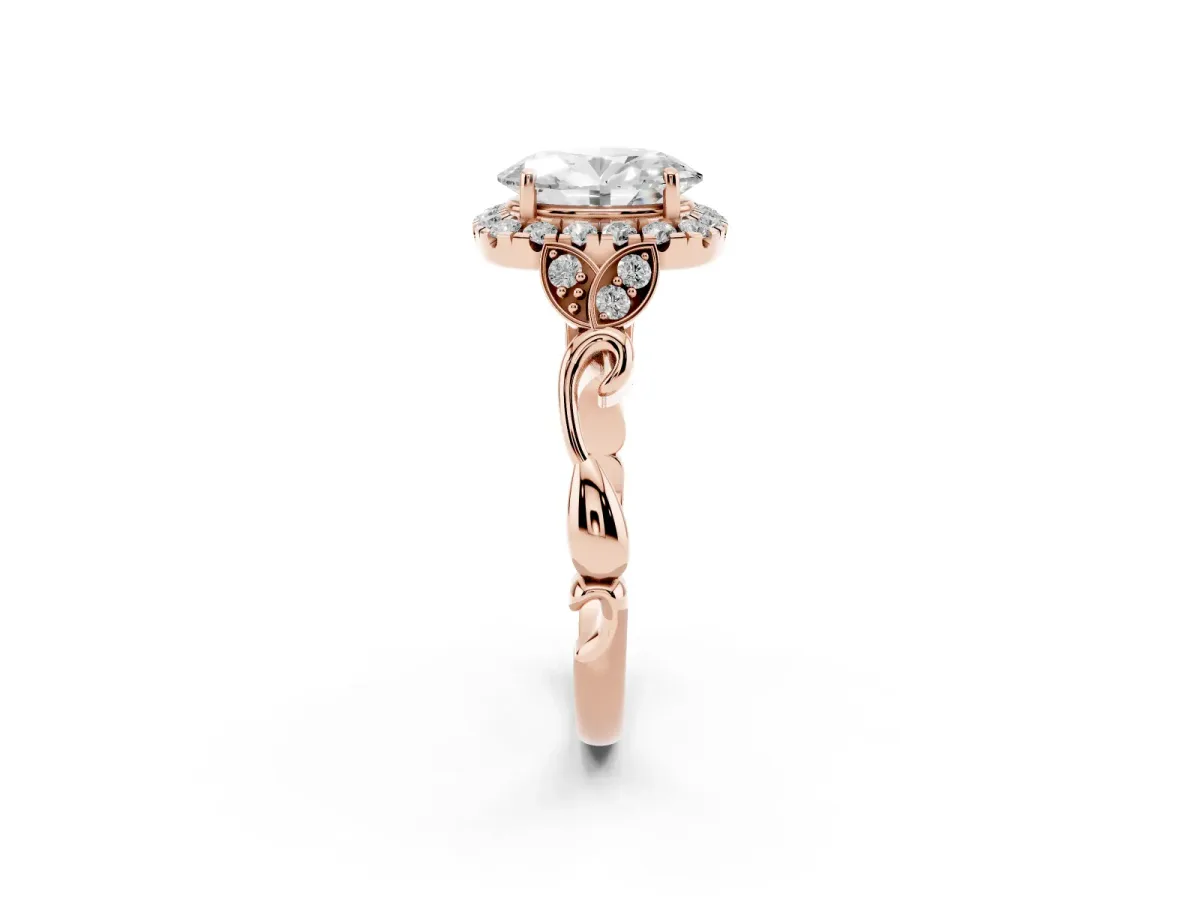 Oval Cut Halo Diamond Engagement Ring with Vintage-Inspired Band and Four-Prong Setting Rose gold
