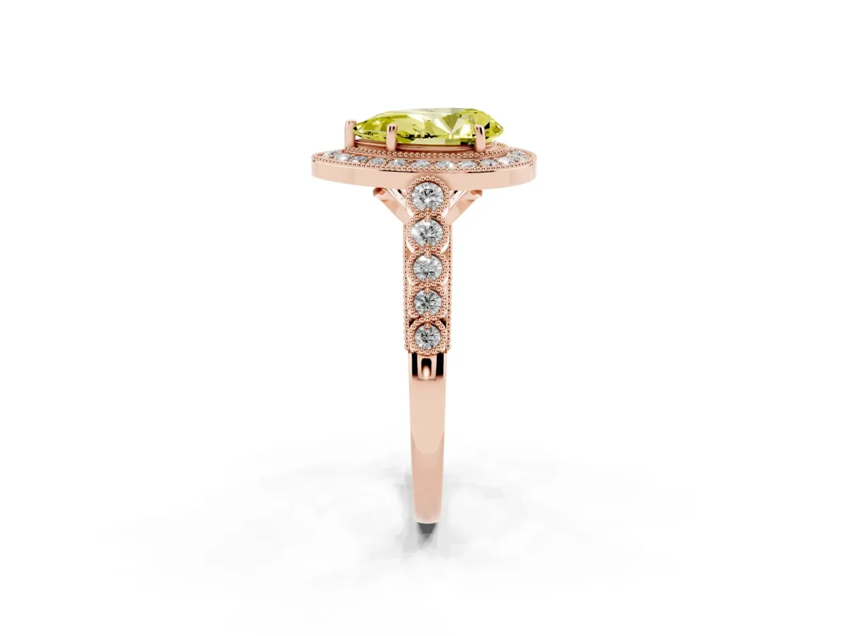 Fancy Yellow Pear Cut Halo Milgrain Solitaire with Bezel Set Side Stones and Pave Band Rose gold