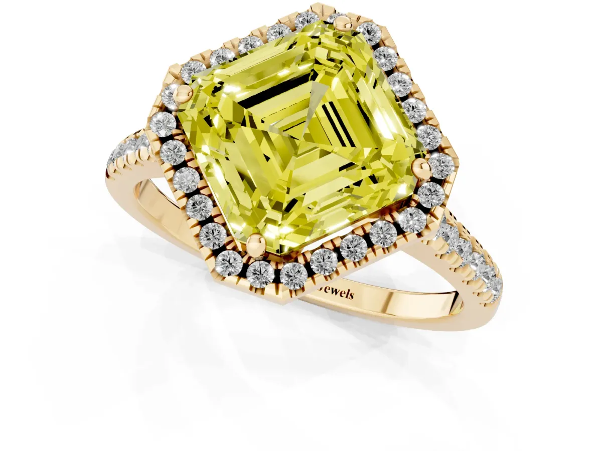 Fancy Yellow Asscher Cut Diamond Cushion Halo Ring with Pavé Band Yellow gold