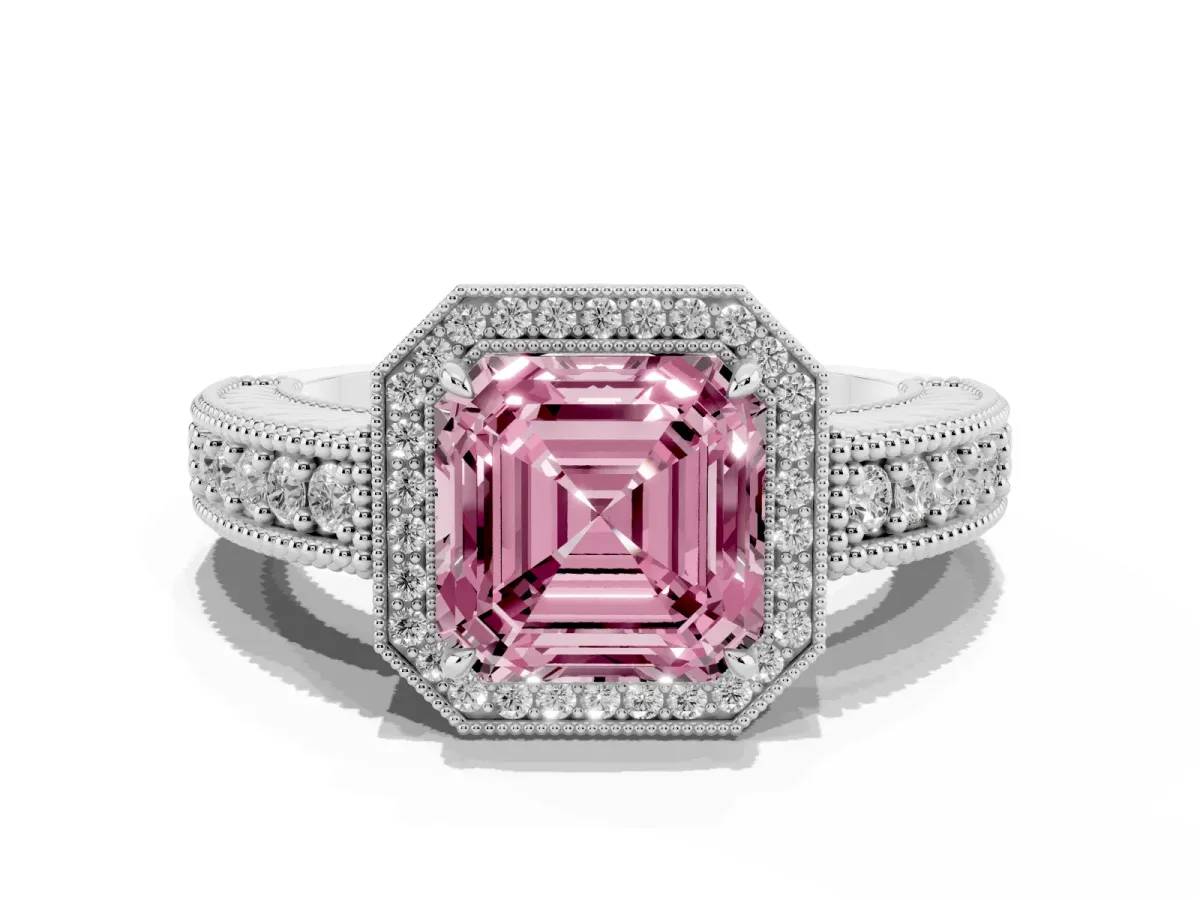 Fancy Pink Asscher Cut Cut Halo Diamond Ring with Pavé Band and Four-Prong Setting White gold