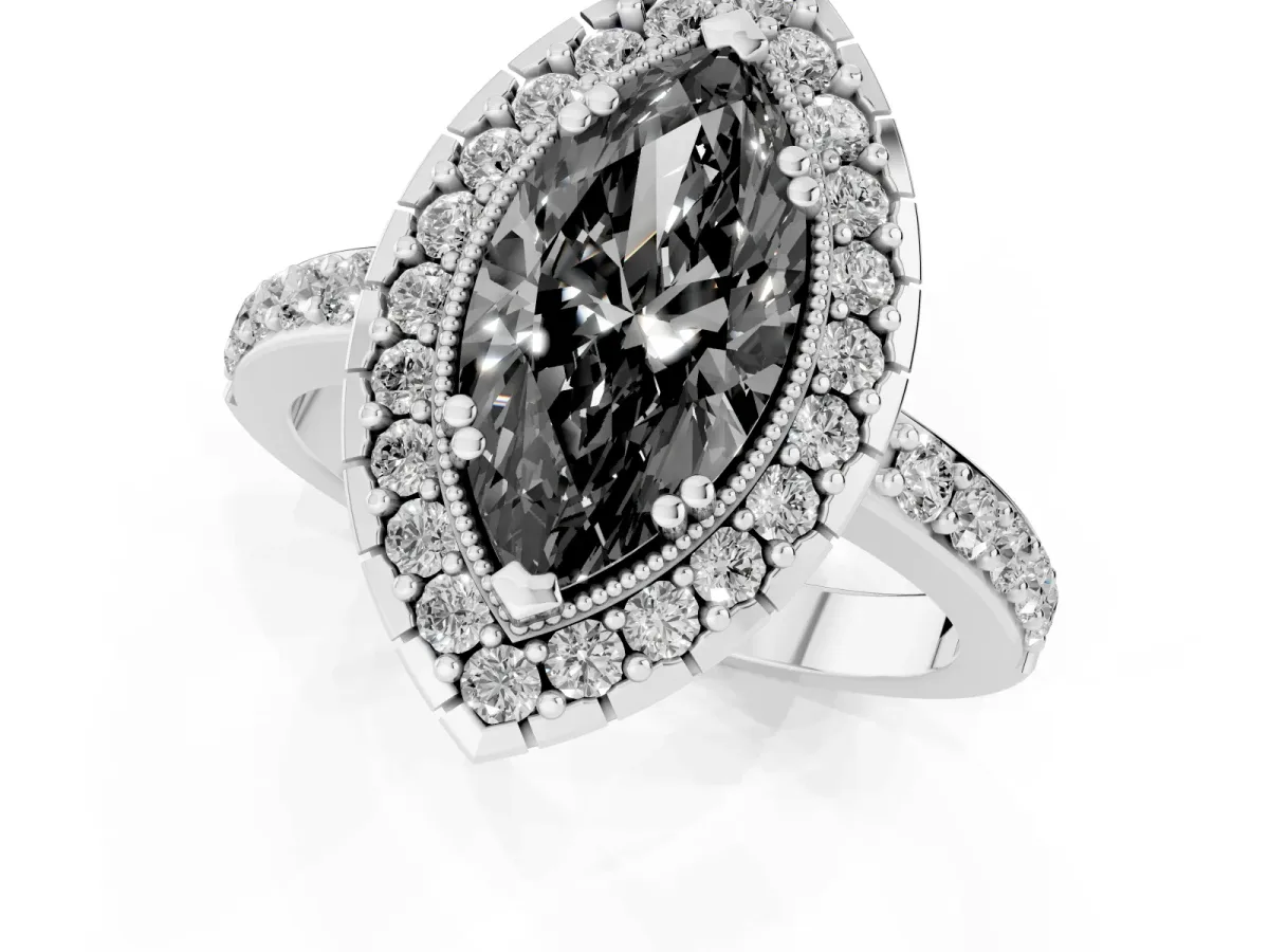Fancy Black Marquise Cut Diamond Halo Ring with Pavé Band and Prong Setting Platinum