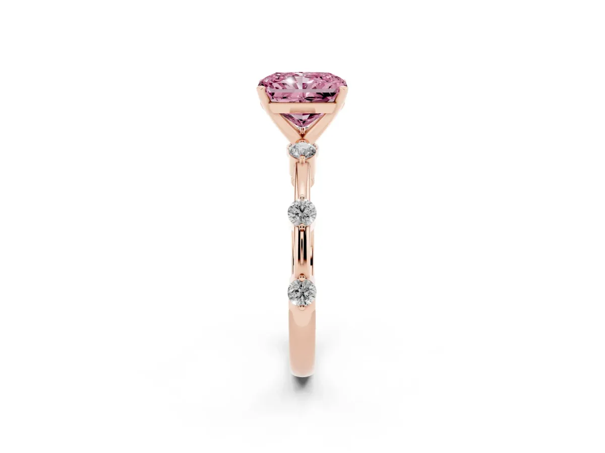 Fancy Pink Radiant Cut Solitaire Diamond Ring with Bezel Set Side Stones and Prong Setting Rose gold