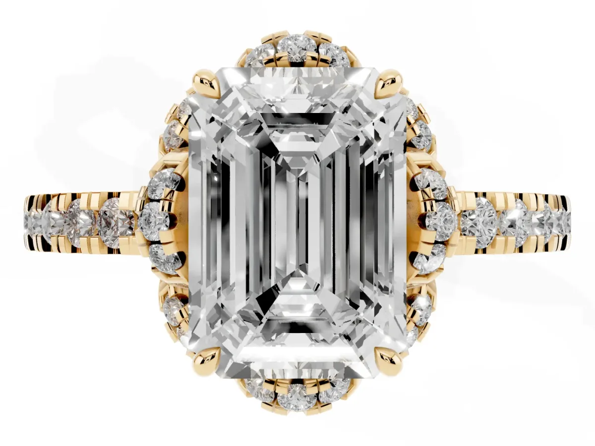 Emerald Cut Diamond Halo Pave Band with Four-Prong Setting Yellow gold