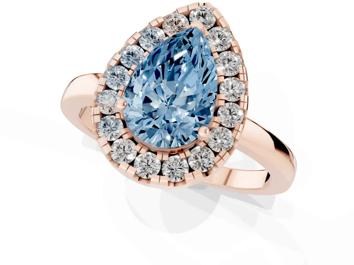 Fancy Blue Pear Cut Halo Diamond Solitaire with Pavé Band and Four-Prong Setting Rose gold