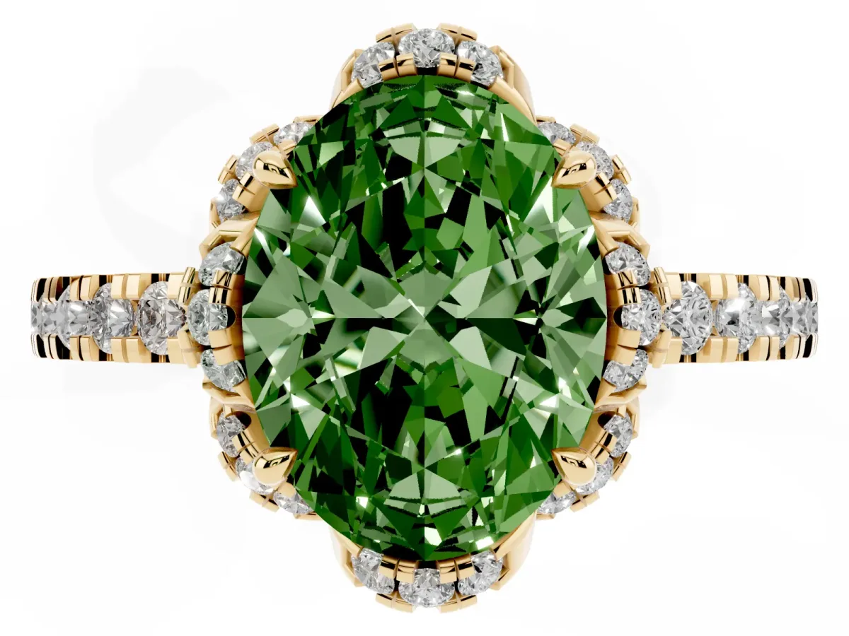 Fancy Green Oval Cut Diamond Halo Pave Band with Four-Prong Setting Yellow gold