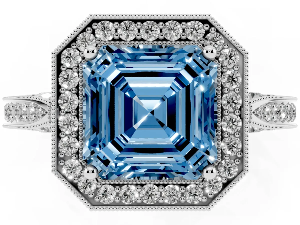 Fancy Blue Asscher Cut Halo Diamond Engagement Ring with Split Shank Band and Four-Prong Setting White gold
