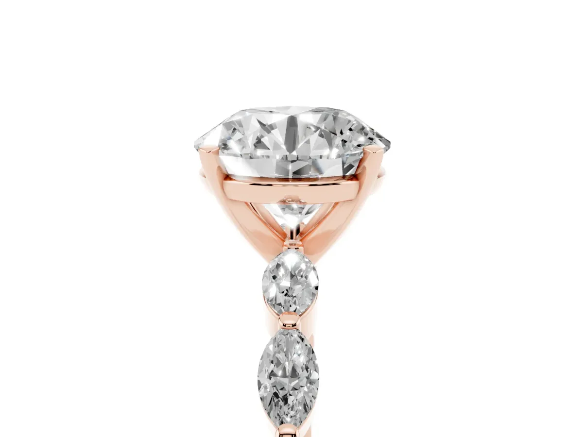 Round Cut Diamond Ring with Marquise Side Stones and Prong Setting Rose gold
