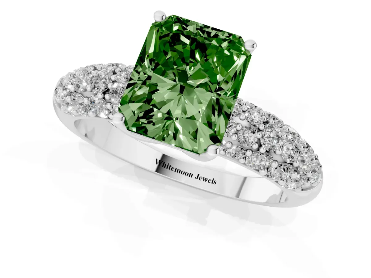 Fancy Green Radiant Cut Diamond Pavé Band Solitaire Ring with Four-Prong Setting Silver