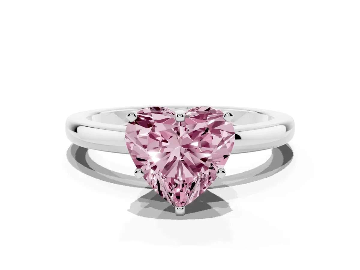 Fancy Pink Heart Cut Solitaire Diamond Ring with Six-Prong Setting on a Classic Band Silver
