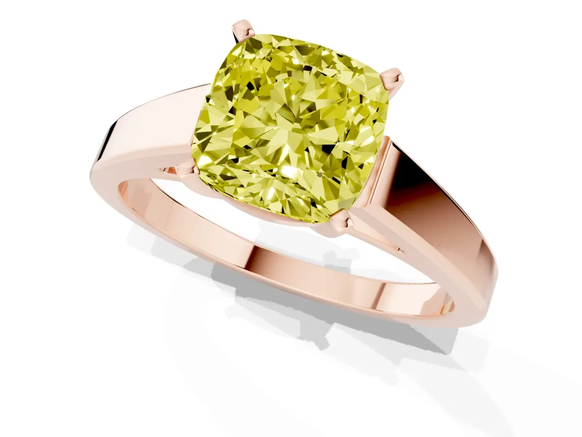 Fancy Yellow Cushion Cut Solitaire Engagement Ring with Four-Prong Setting and Tapered Band Rose gold