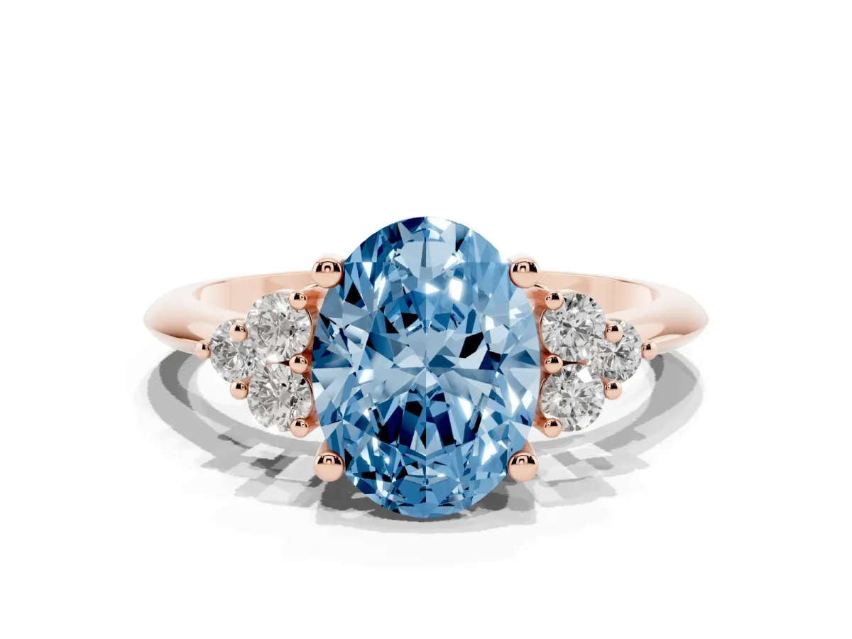 Fancy Blue Oval Cut Cut Diamond Cluster Ring with Solitaire Band and Four-Prong Setting Rose gold