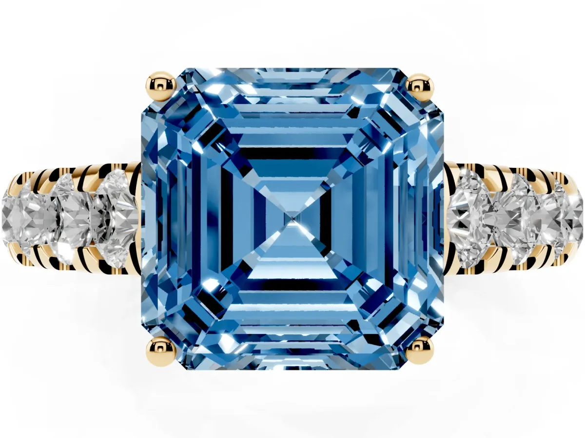 Fancy Blue Asscher Cut Cut Diamond Solitaire Ring with Micro Pave Band and Prong Setting Yellow gold