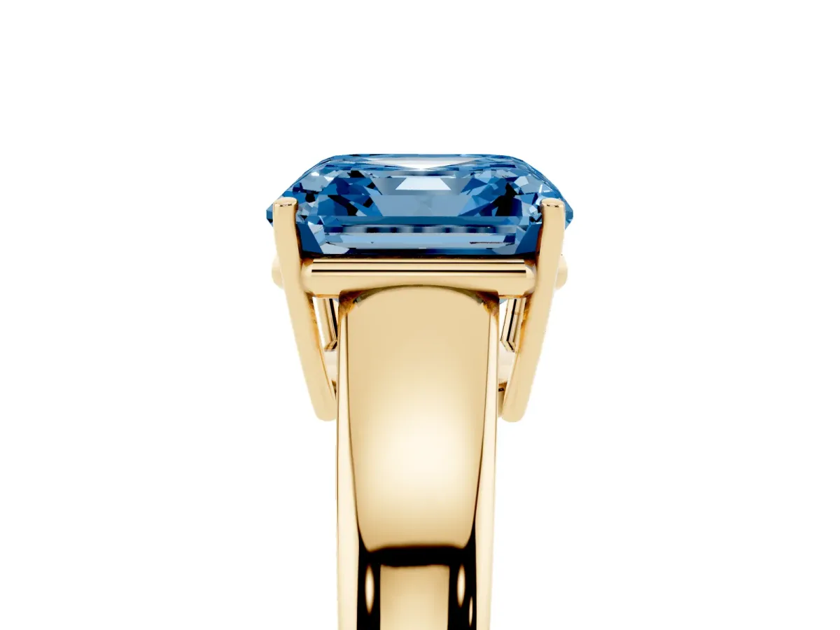 Fancy Blue Asscher Cut Solitaire Diamond Ring with Tapered Band and Four-Prong Setting Yellow gold