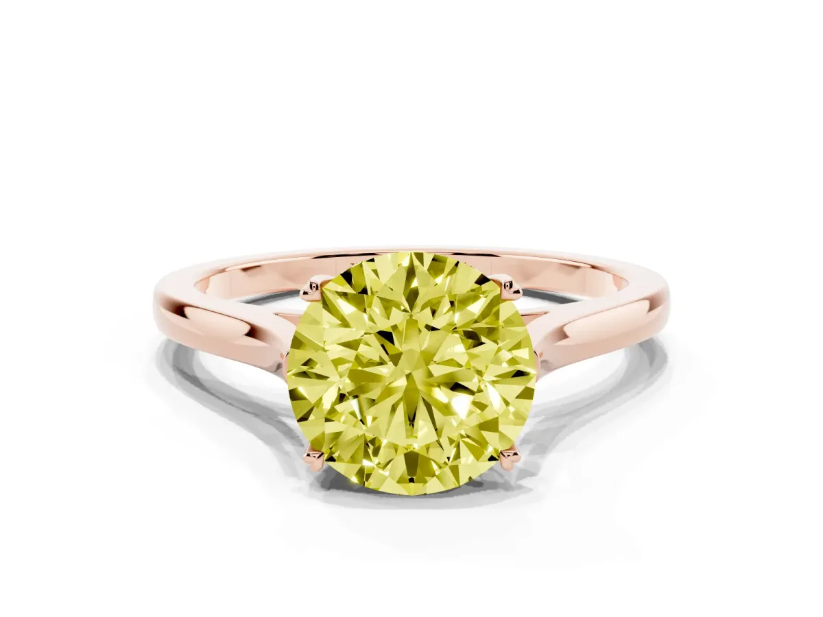Fancy Yellow Round Cut Solitaire Heart Prong Engagement Ring with Tapered Band Rose gold