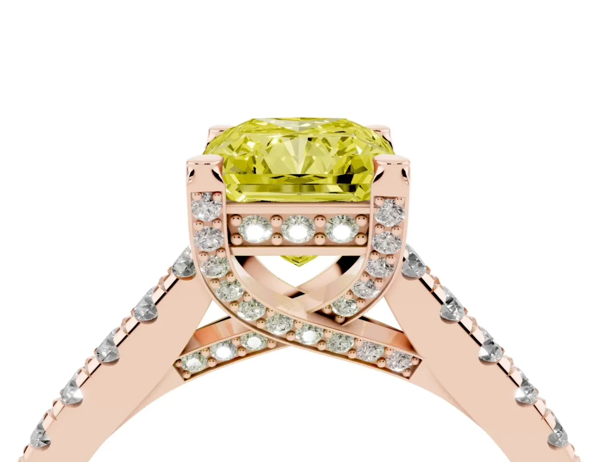 Fancy Yellow Radiant Cut Brilliant Diamond Solitaire with Pavé Band and Four-Prong Setting Rose gold