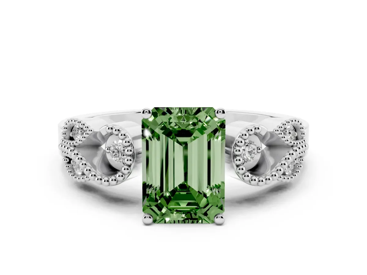 Fancy Green Emerald Cut Solitaire Milgrain Leaf Band with Prong Setting Silver