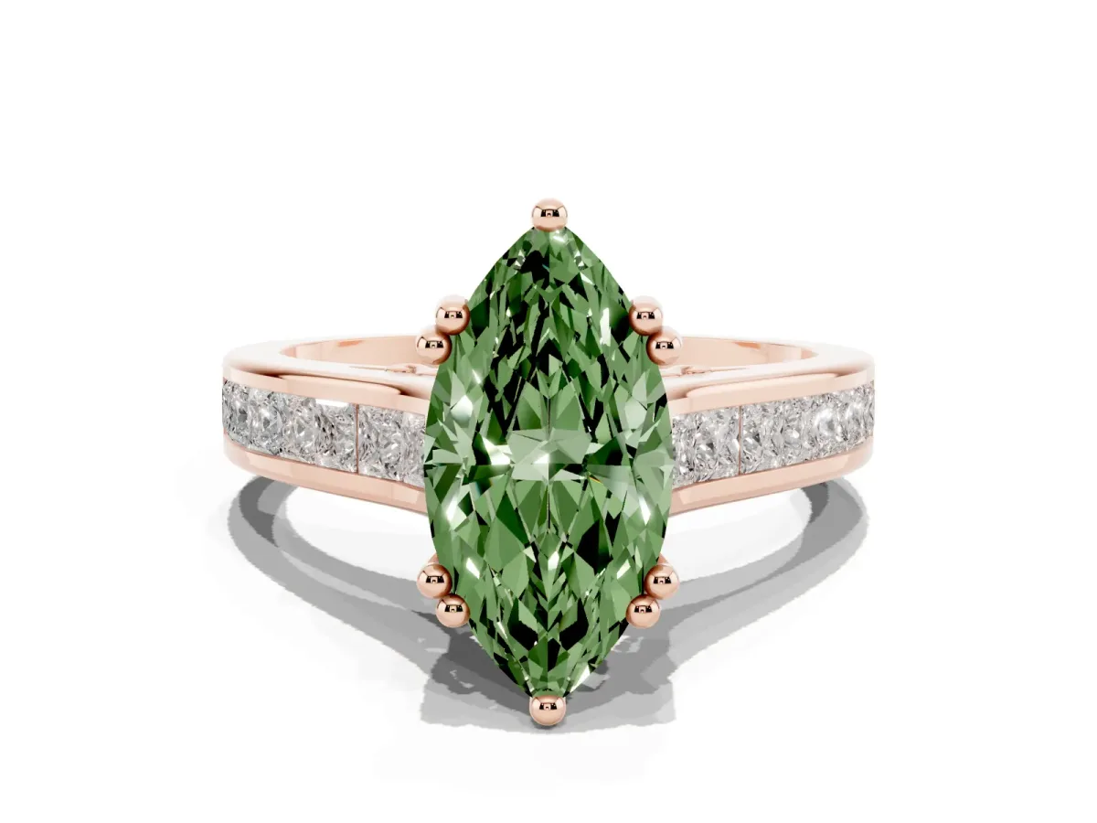 Fancy Green Marquise Cut Cut Channel Set Solitaire Engagement Ring with Prong Setting Rose gold