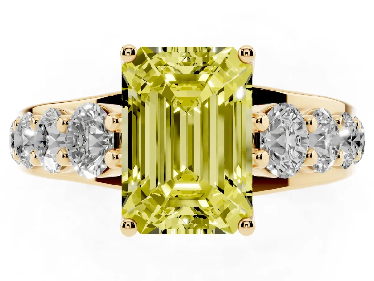 Fancy Yellow Emerald Cut Diamond Engagement Ring with Pavé Band and Four-Prong Setting Yellow gold