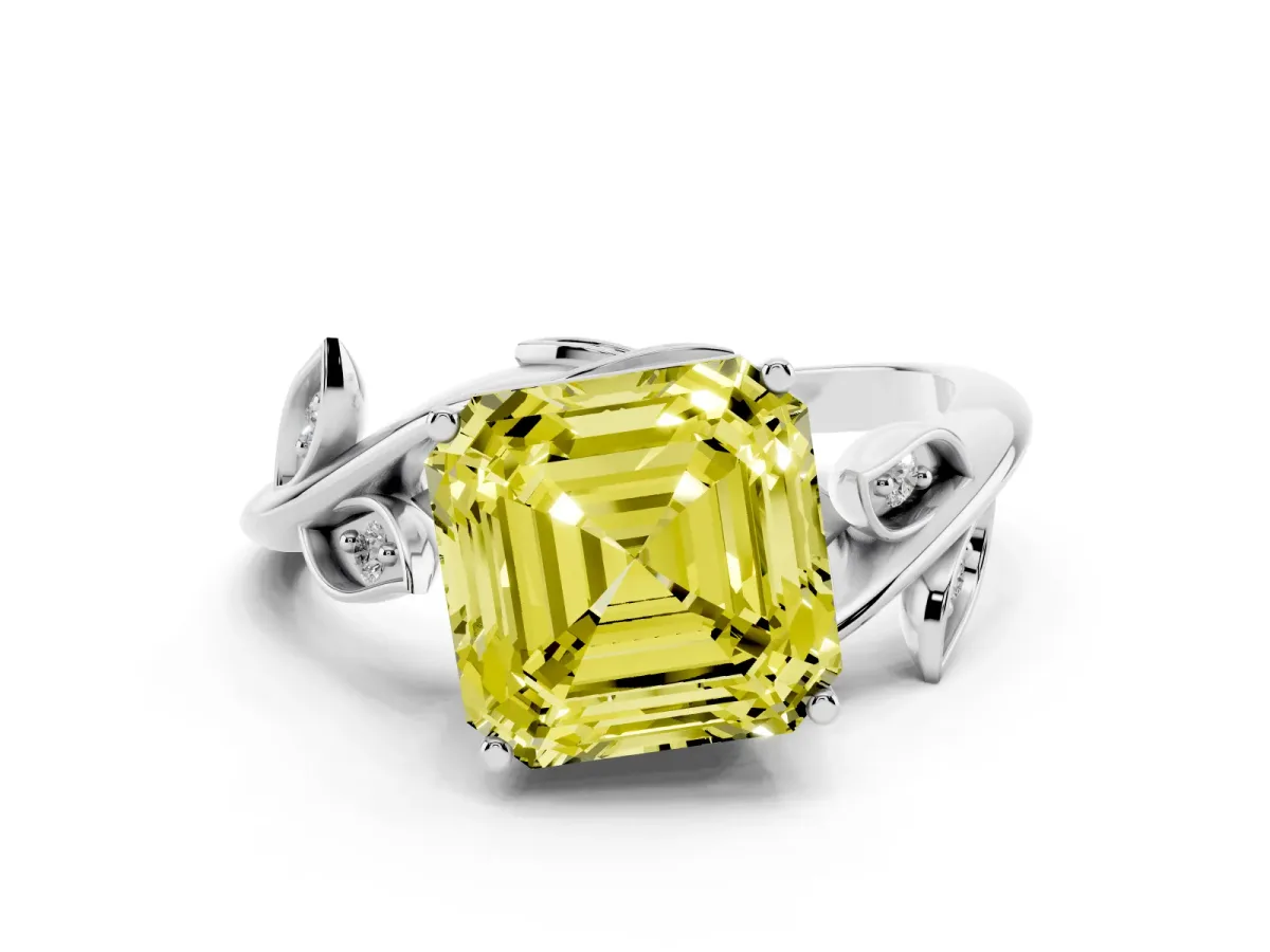 Fancy Yellow Asscher Cut Solitaire Twist Engagement Ring with Leaf Accents and Prong Setting Platinum