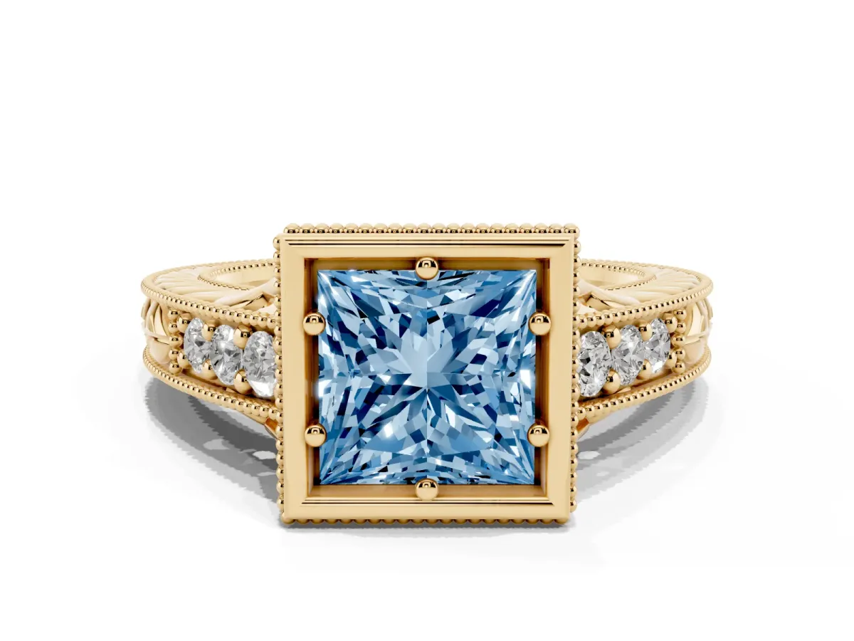 Fancy Blue Bezel Set Princess Cut Diamond Milgrain Pave Engagement Ring Yellow gold