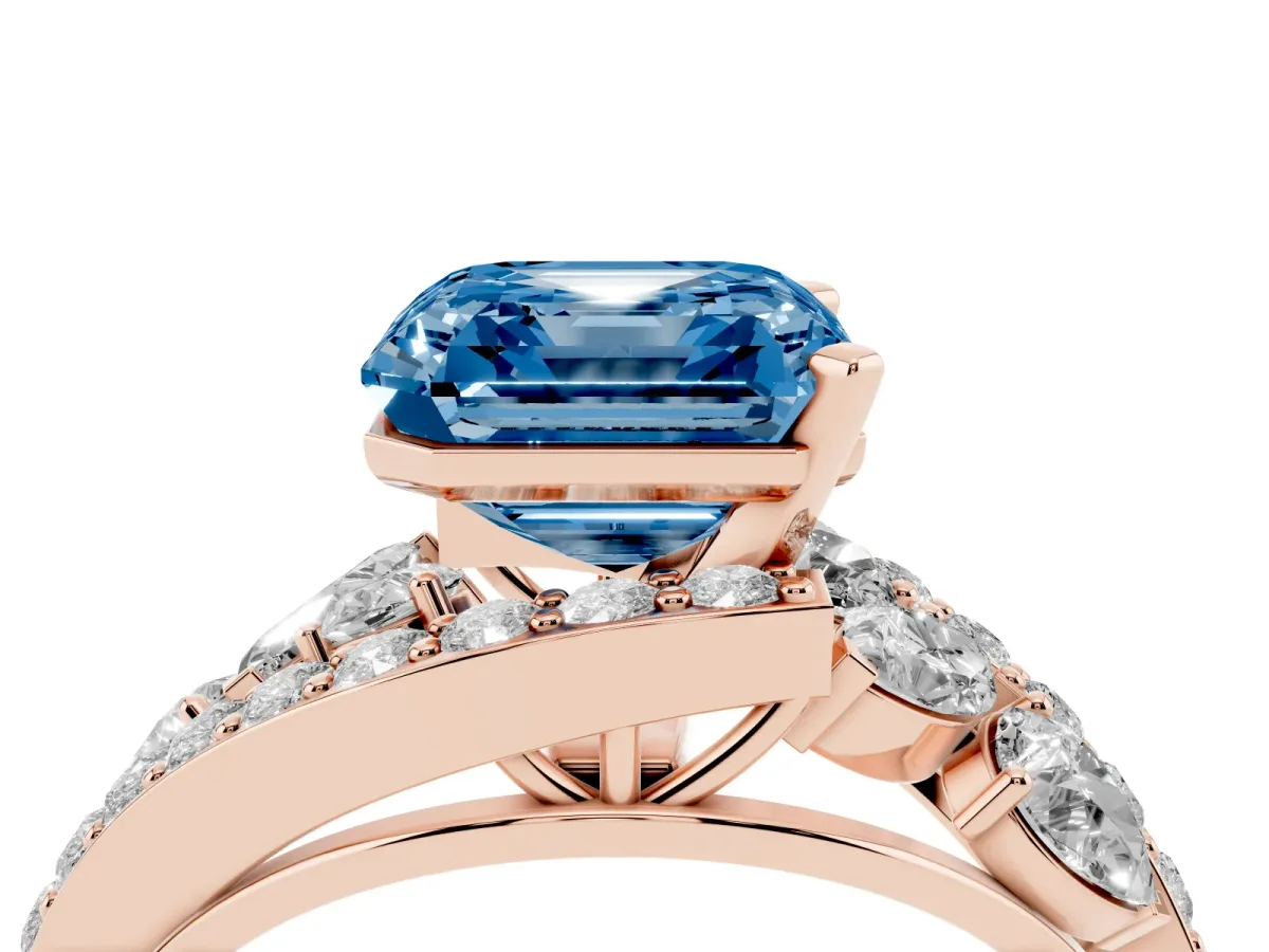 Fancy Blue Asscher Cut Diamond Halo Ring with Marquise and Pavé Band in Prong Setting Rose gold