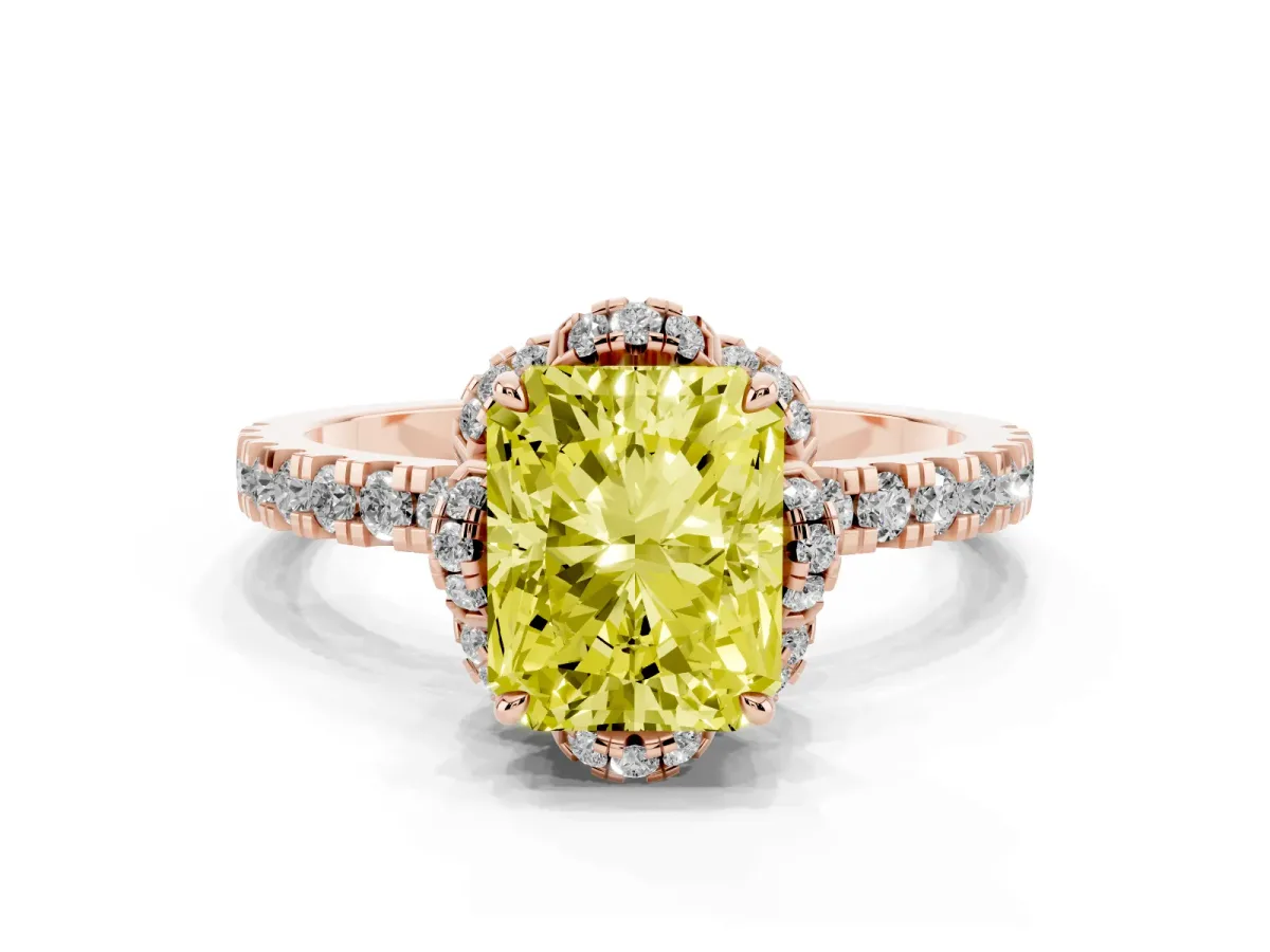 Fancy Yellow Radiant Cut Diamond Halo Pave Band with Four-Prong Setting Rose gold