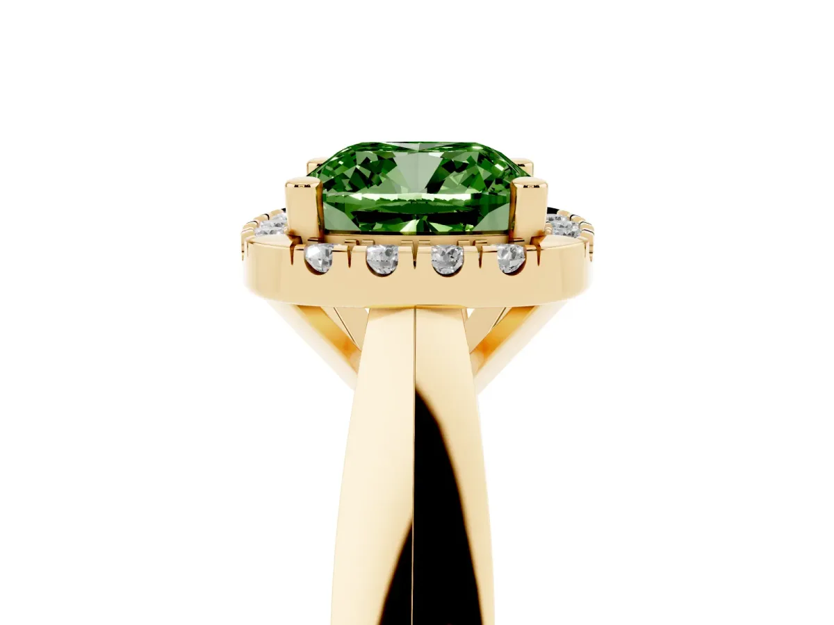 Fancy Green Cushion Cut Cut Halo Solitaire Engagement Ring with Square Band and Four-Prong Setting Yellow gold