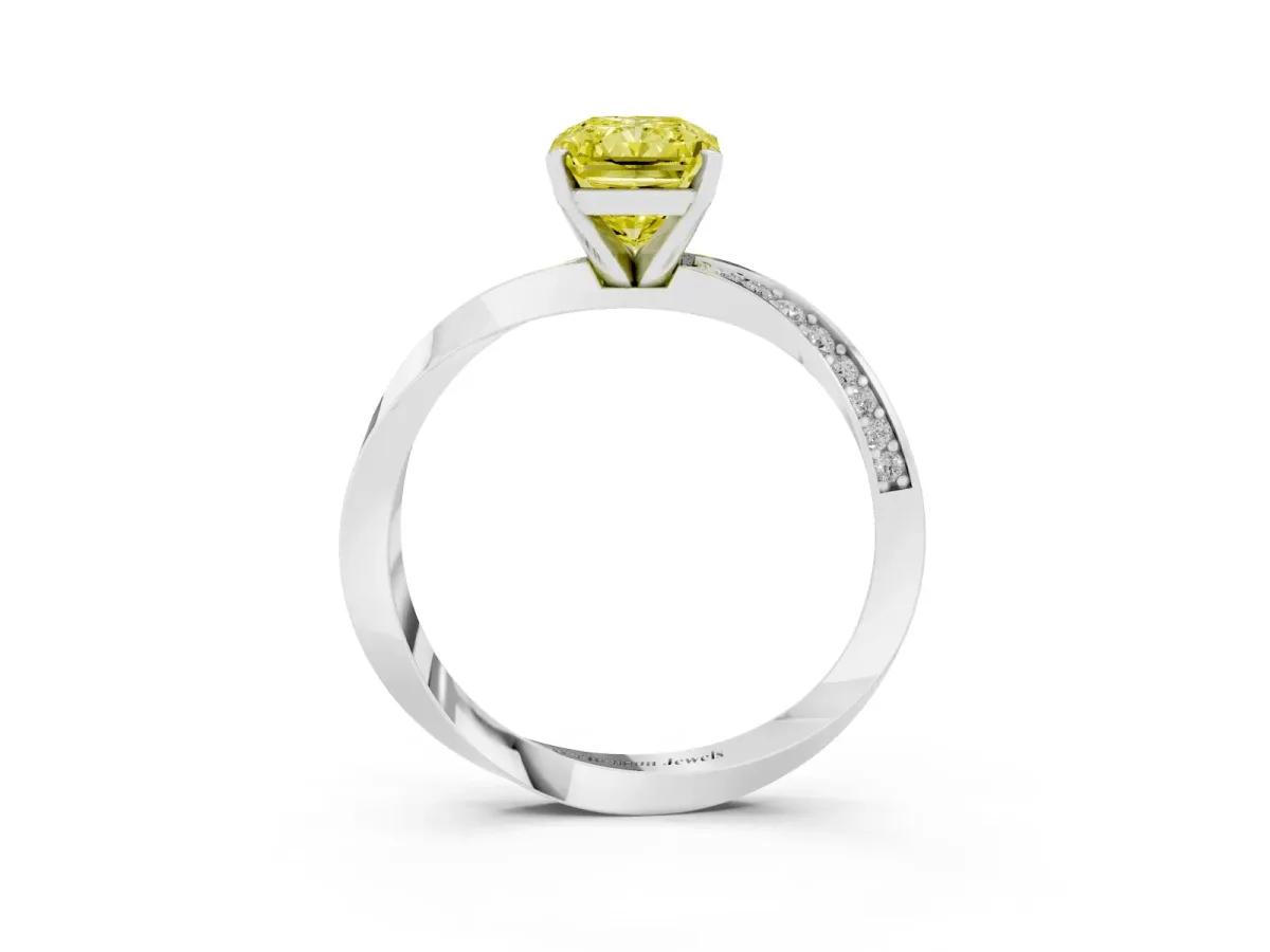 Fancy Yellow Radiant Cut Diamond Engagement Ring with Side Stone Accents and Four-Prong Setting Silver