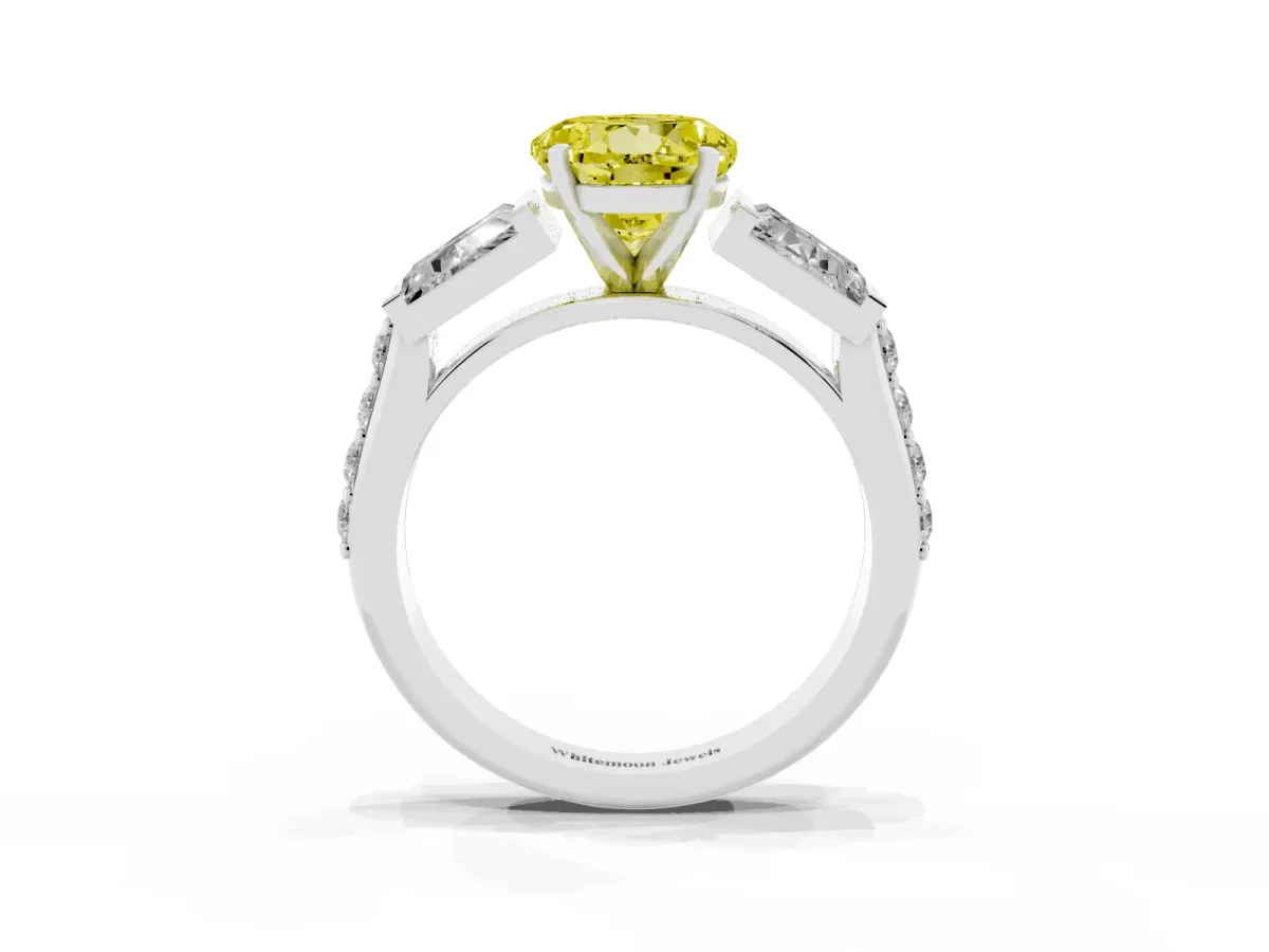 Fancy Yellow Round Cut Diamond Engagement Ring with Baguette Side Stones and Channel Set Band Silver