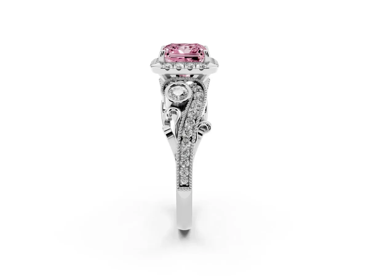 Fancy Pink Princess Cut Diamond Halo Ring with Milgrain Pavé Band and Four-Prong Setting Silver
