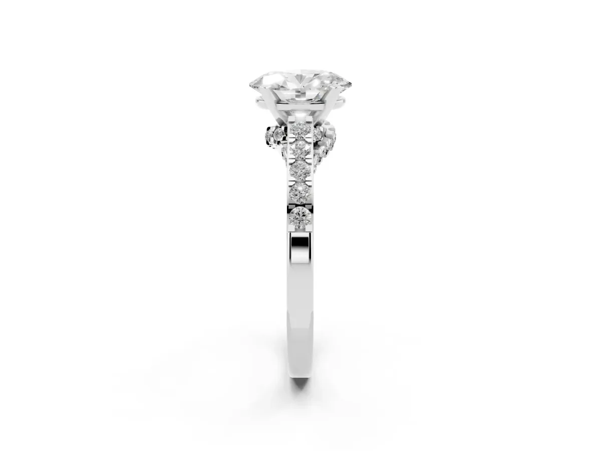 Oval Cut Diamond Solitaire Ring with Crossover Gallery and Round Pavé Band White gold