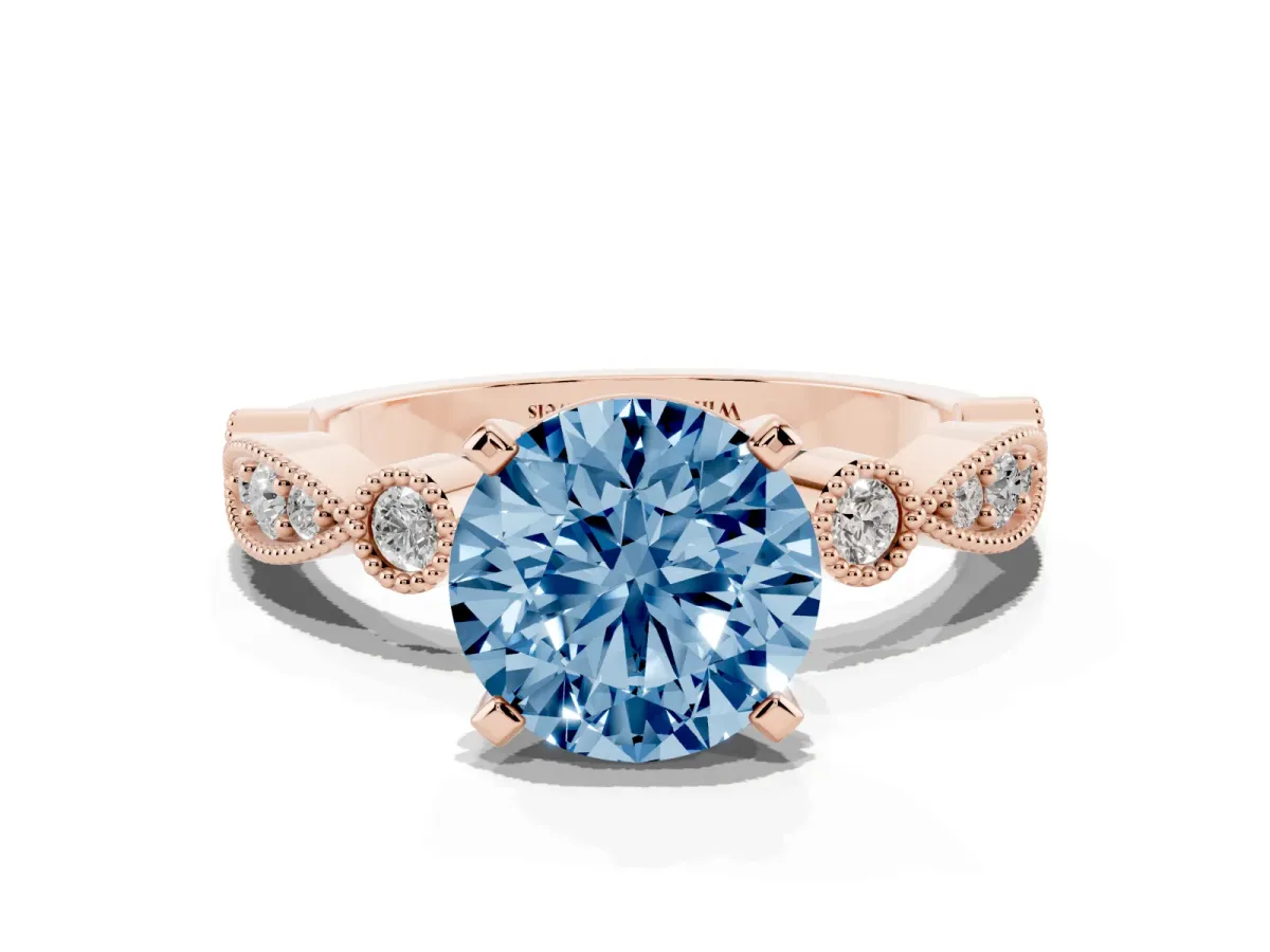 Fancy Blue Round Cut Milgrain Bezel Diamond Engagement Ring with Solitaire Prong Setting Rose gold