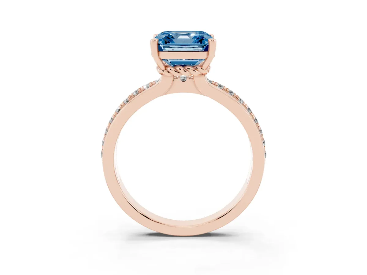 Fancy Blue Asscher Cut Solitaire Diamond Ring with Channel Set Band and Six-Prong Setting Rose gold