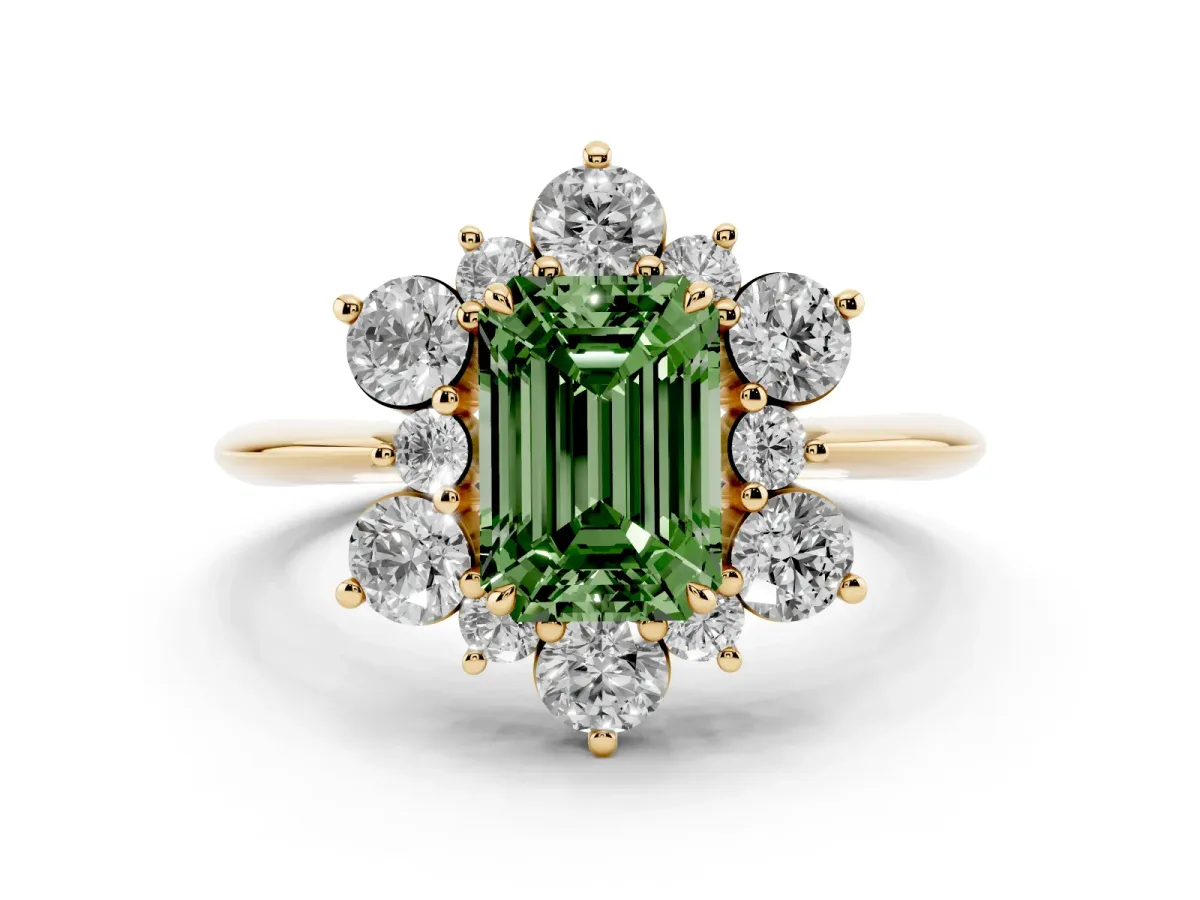 Fancy Green Emerald Cut Diamond Cluster Halo Ring with Solitaire Band and Four-Prong Setting Yellow gold