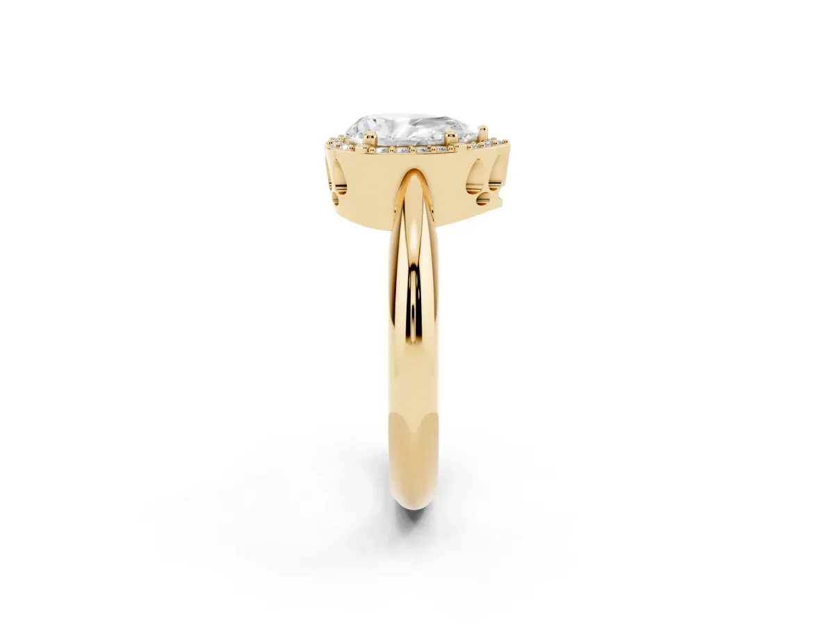 Pear Cut Cut Diamond Halo Engagement Ring with Split Shank and Four-Prong Setting Yellow gold