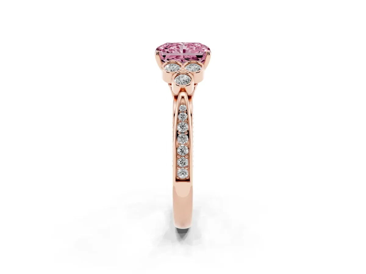 Fancy Pink Radiant Cut Cut Diamond Engagement Ring with Bezel Set Round Side Stones and Prong Setting Rose gold