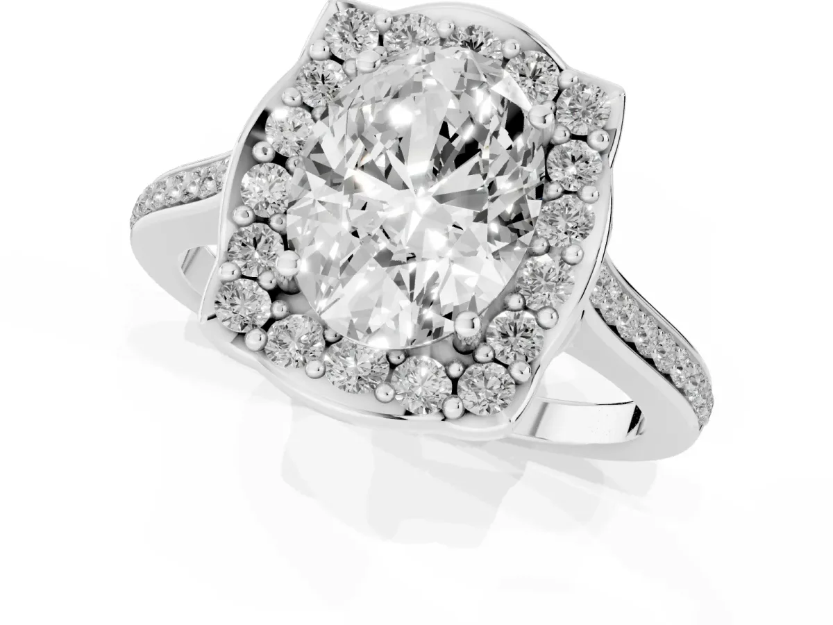 Oval Cut Halo Round Diamond Pave Band with Four-Prong Setting Silver